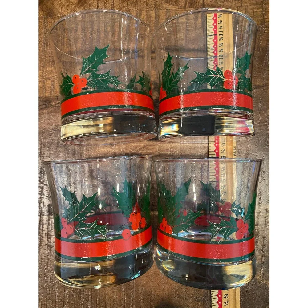 Set of 4 Libbey Holly and Berries Christmas Rocks Mai Tai Glasses